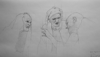 Original pencil drawing of three interacting people, for larger images and further information click on this image.