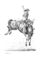 Original pencil drawing ‘ Split Second I,’ showing a rodeo scene of a bucking bronco and cowboy, for larger images and further information click on this image.