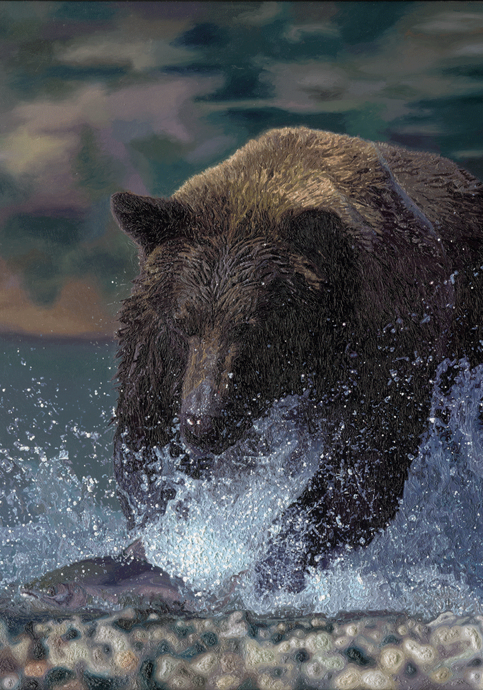 Oil Painting of a Canadian Bear Chasing Salmon Oil Painting of a Canadian Bear Chasing Salmon