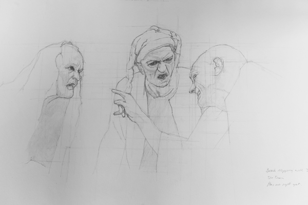 A pencil drawing capturing the energy of a man accusing others