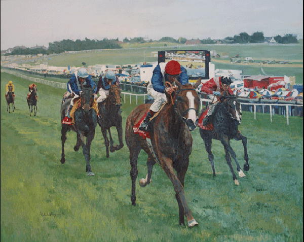 Oil painting of horse racing at Epsom Downs in the rain Oil painting of horse racing at Epsom Downs in the rain
