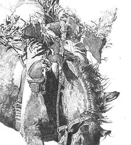 A Drawing of a rodeo rider during a split second at the Calgary Stampede A Drawing of a rodeo rider during a split second at the Calgary Stampede