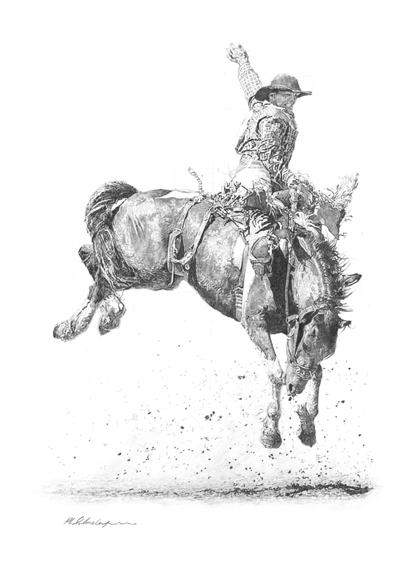 A Drawing of a rodeo rider during a split second at the Calgary Stampede A Drawing of a rodeo rider during a split second at the Calgary Stampede
