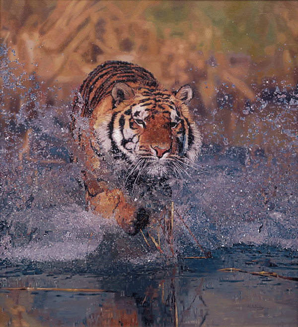 Oil Painting of a Bengal Tiger Hunting Oil Painting of a Bengal Tiger Hunting