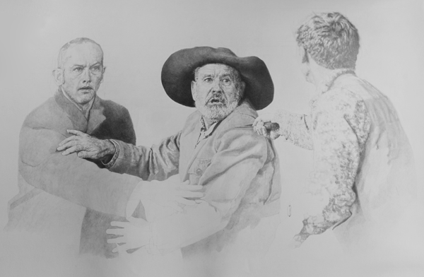 A pencil drawing capturing the effect of a man threatening others with a knife