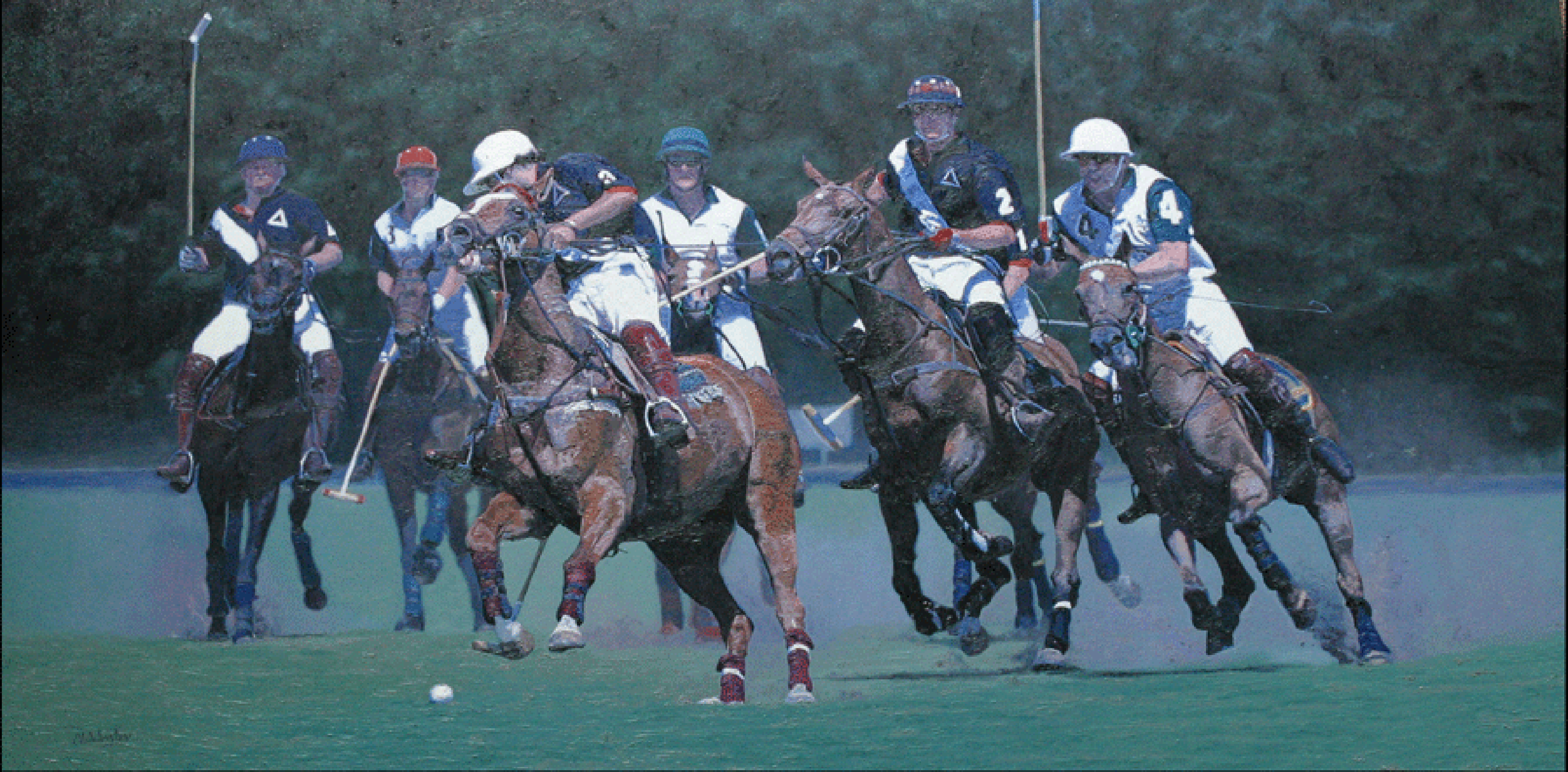 Oil painting of a Queen's Cup Polo match at Guards Polo Club